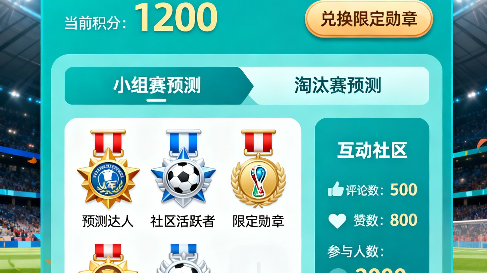 2026世界杯竞猜预测界面，用户使用积分兑换限定勋章，展示互动社区参与度